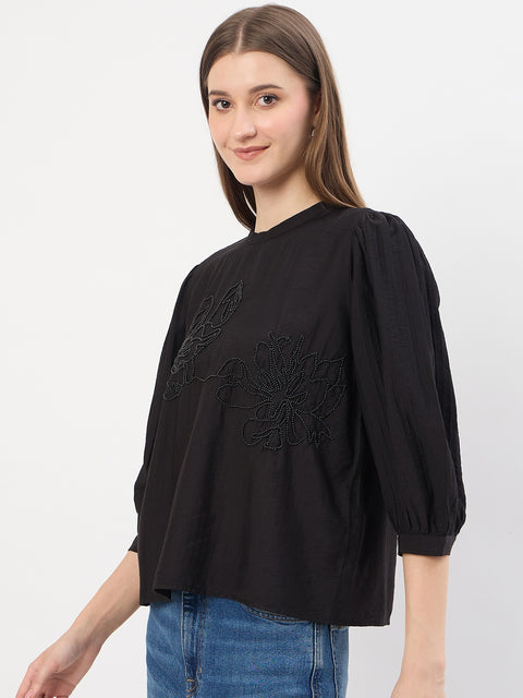 Madame Embroidery Black Rayon Blend Top