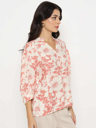 Madame Botanical Print Coral Rayon Blend Top