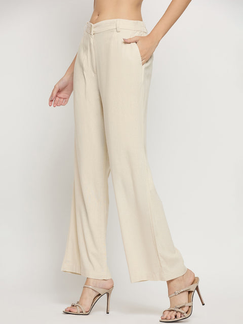 Madame Beige Rayon Linen Straight Fit Ankle Trousers