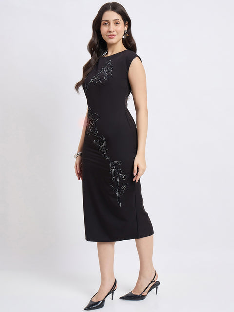 Madame Embroidered Black Bodycon Dress