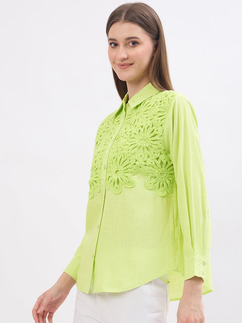 Madame Embroidery Patchwork Pear Green Viscose Shirt