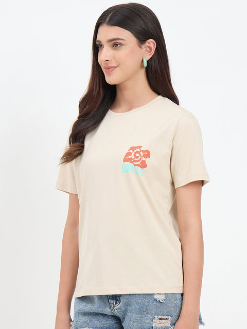 Madame Beige Cotton Printed Half-Sleeve T-Shirt