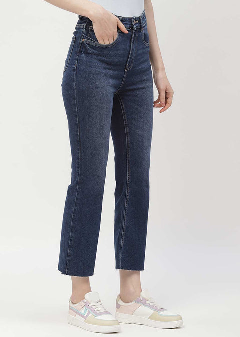 Madame High Rise Dark Blue Distressed Hem Flared Jeans