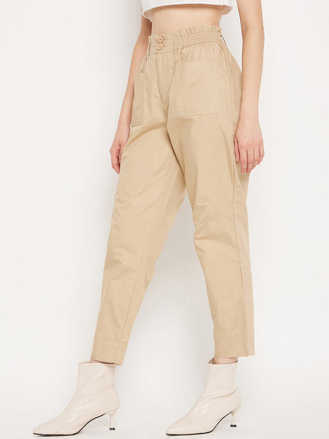 Madame Beige Ankle Length Cotton Trousers
