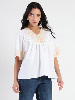 Madame Embroidered Detail Off White Viscose Blend Top