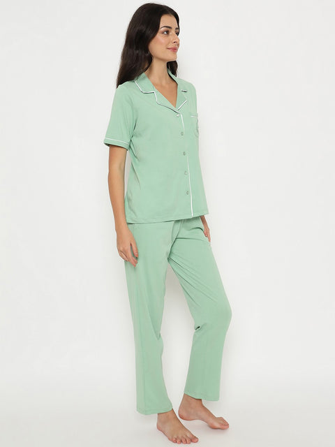 mSECRET Embossed Top and Bottom Mint Green Cotton Night Suit