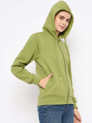 Madame Fleece Placement Printed Zipped Olive Grab Hooded Sweatshirt