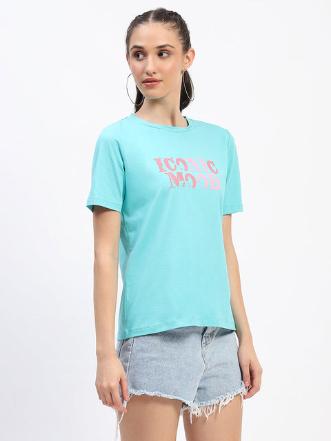 Madame Typography Detailing Cotton Aqua Top