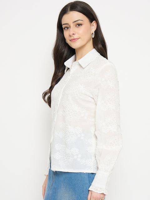 Madame Floral Detailing White Cotton Shirt