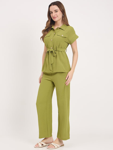 Madame Olive Rayon Fold-Up Sleeve Collared Co-ord Set