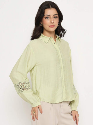 Madame Floral Lace Insertion Green Rayon Blend Shirt