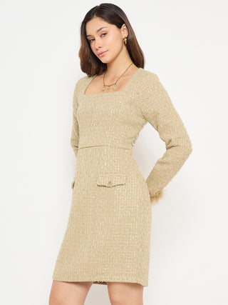 Madame Square Neck Beige Bodycon Dress with Feather Trim Sleeves