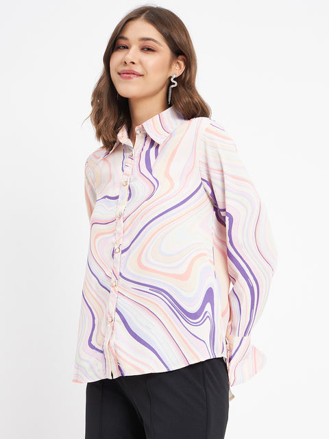 Madame Marble Print Collared Off White Shirt