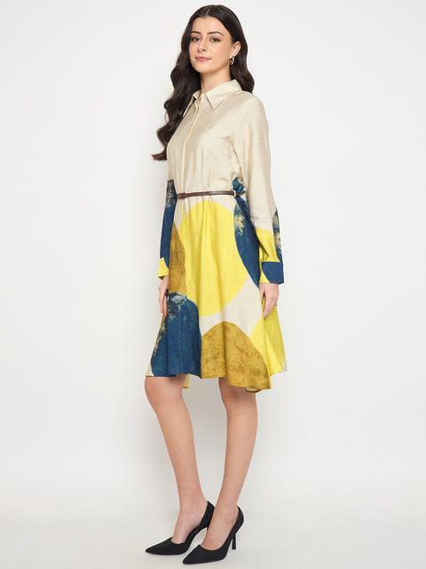 Madame Beige Rayon Blend Colorblock Shirt Dress