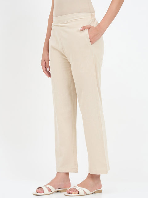 Madame Beige Cotton Straight Fit Trousers