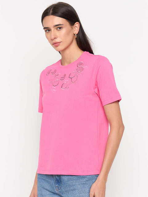 Madame Pink Cotton Half-Sleeve T-Shirt
