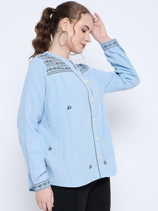 Madame Cotton Embroidery Detailed Sky Blue Top