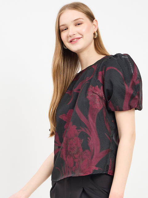 Madame Textured Burgundy Puff Sleeve Top