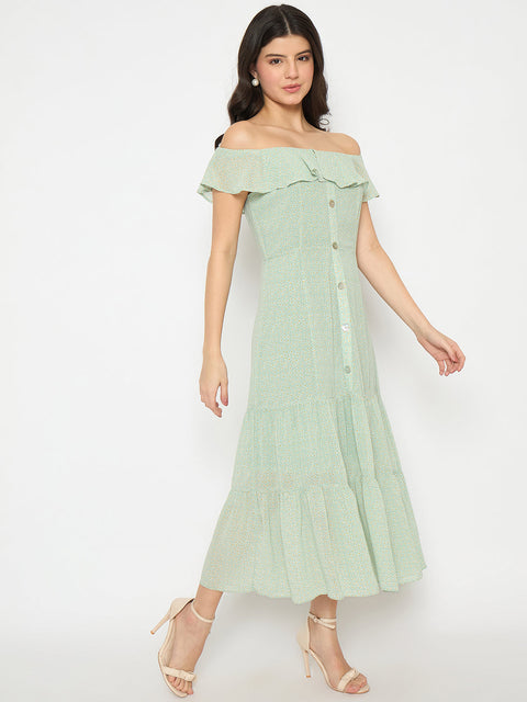 Madame Off Shoulder Solid Green Midi Dress