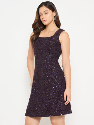 Madame Square Neck Shimmery Purple Sheath Dress