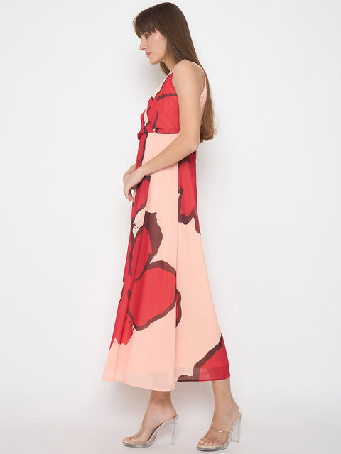 Madame Chiffon Floral Print A Line Peach Maxi Dress
