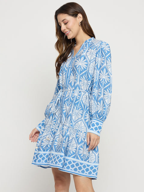 Madame Blue Printed Rayon Mandarin Collar Midi Dress