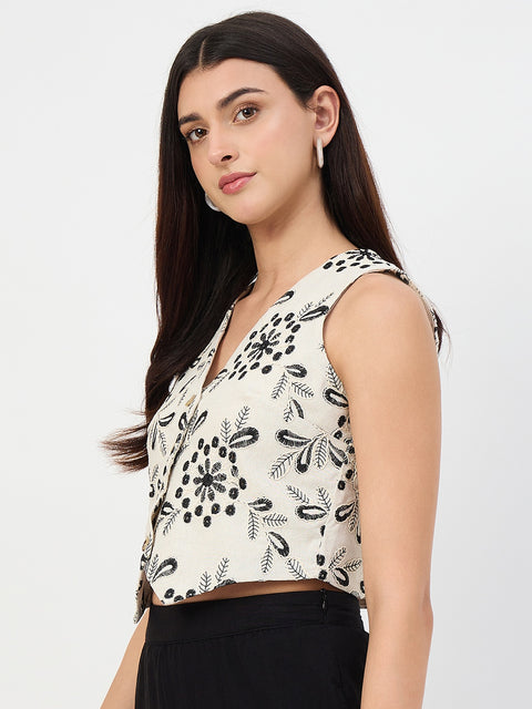 Madame Beige Embroidered Linen-Blend Vest Top