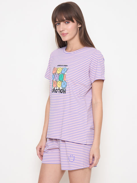 mSECRET Printed Top, Shorts and Bottoms Purple Night Suit