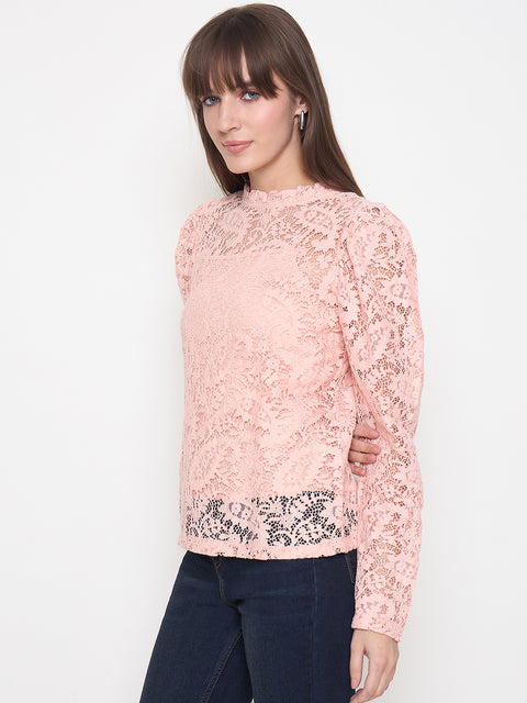 Madame Laced Self Design Puff Sleeve Peach Top