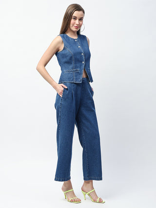 Madame Pintuck Detailed Top and Straight Trousers Mid Blue Co-ord Set