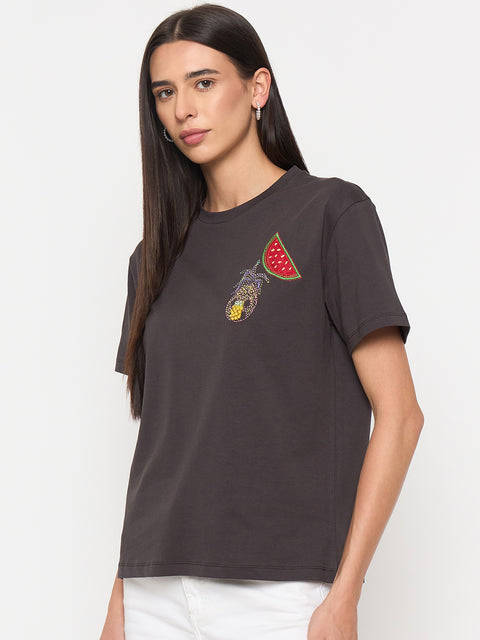 Madame Charcoal Cotton Half-Sleeve T-Shirt