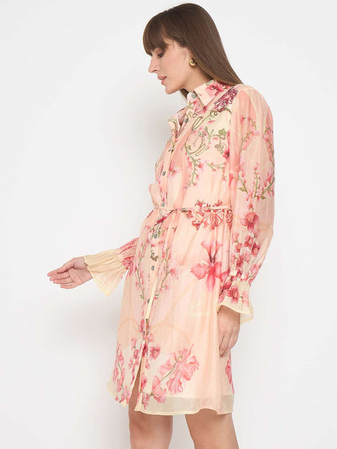 Madame Floral Print Peach Midi Shirt Dress