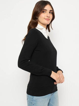 Madame Round Neck Ribbed Cuff Black Sweater