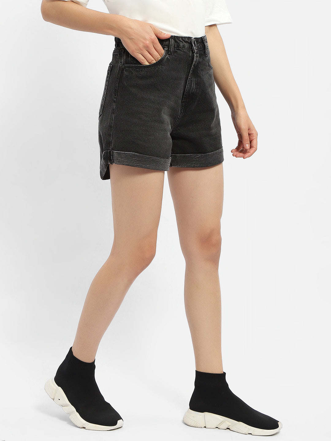 Madame Washed Charcoal Black Denim Shorts - Main Image