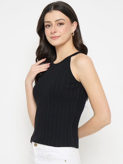 Madame Black Viscose Blend Halter Neck Knitted Top