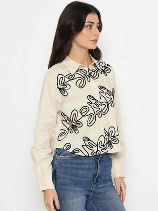 Madame Dori Embroidered Beige Cotton Shirt
