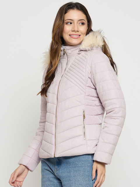 Madame Mauve Quilted Fur Collar Full Sleeve Short Jacket