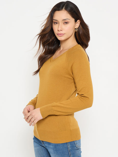 Madame V Neck Mustard Yellow Solid Sweater