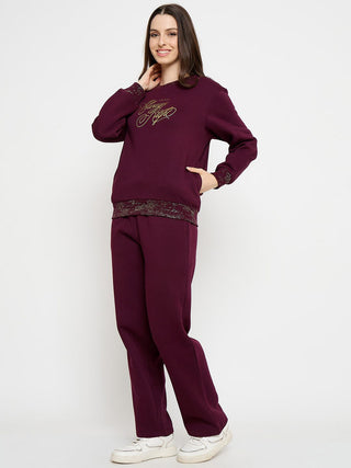 mSECRET Typography Print Sweatshirt and Straight Bottoms Plum Night Suit