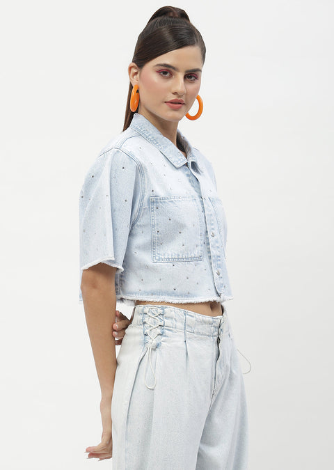 Madame Shanaya Kapoor Embellished Ice Blue Denim Crop Shirt
