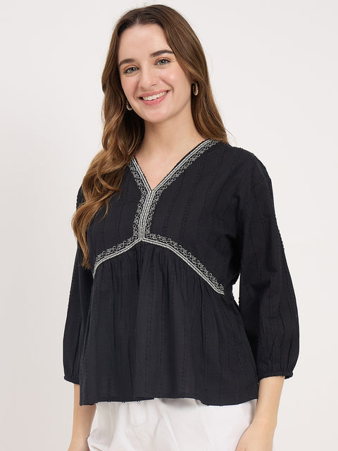 Madame Black Cotton Ruched V-Neck Puff Sleeve Top