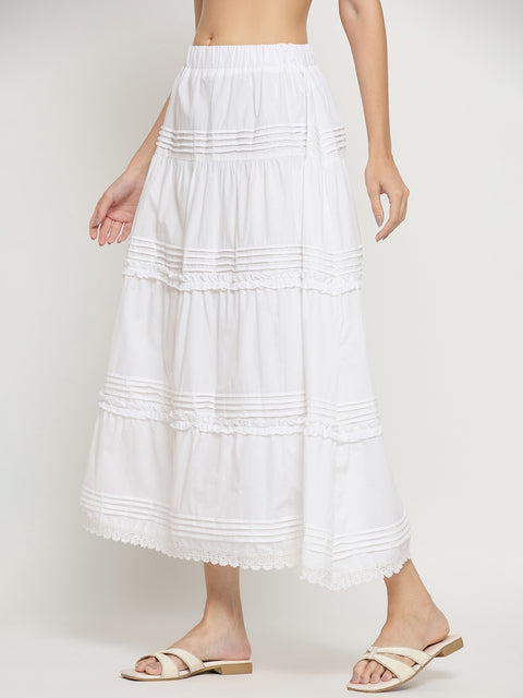 Madame White Cotton Lace Detail Flared Cropped Skirt