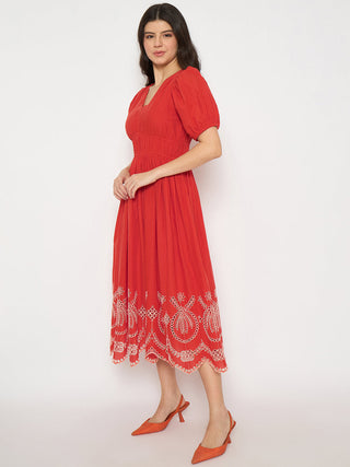Madame Cutwork Embroidery Empire Waist Red Cotton Midi Dress