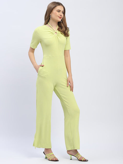 Madame Halter Neck Neon Green Ribbed Jumpsuit