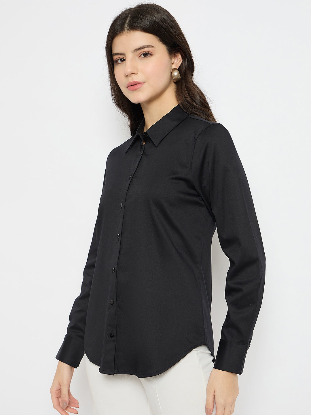 black dress shirt for women Madame Solid Black Cotton Blend Shirt