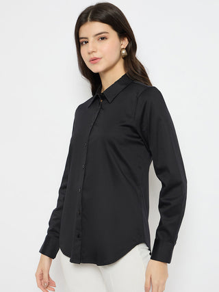 Madame Solid Black Cotton Blend Shirt