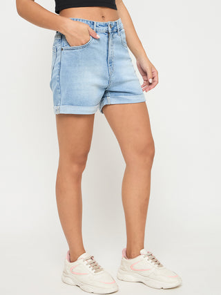 Madame Rolled Hem Light Blue Cotton Blend Denim Shorts