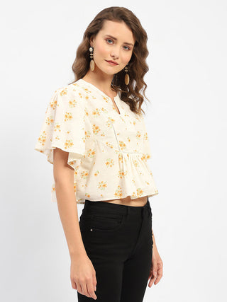 Madame Mandarin Collar Ruffle Detailing Printed Cotton Peplum Top