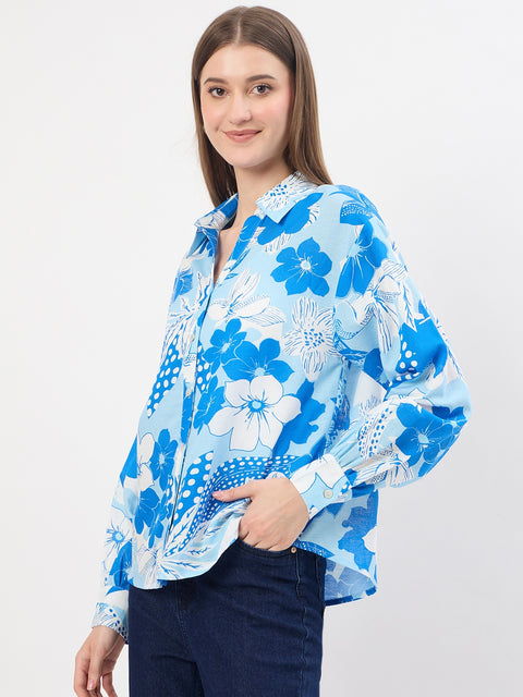 Madame Printed Blue Viscose Blend Shirt