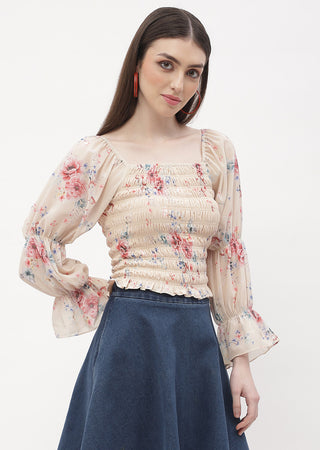 Madame Floral Beige Smocked Top
